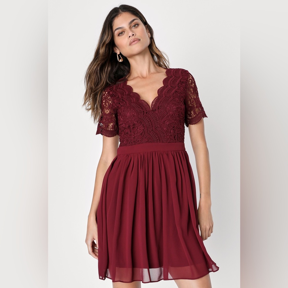 NWT Lulus Angel in Disguise Burgundy Lace Skater Dress NEW‎